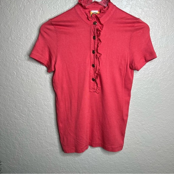 Tory Burch Coral/ Pink Ruffle Hem Top W/Half Button Down Short Sleeve - Picture 2 of 5